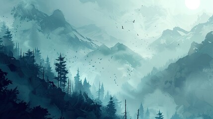 Wall Mural - Hazy mountain landscape in morning mist