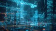 © Pnitha - Abstract blue digital construction background with lines, data and cranes in dark space for engineering concept design or technology illustration. High resolution 3D rendering of a building site in th