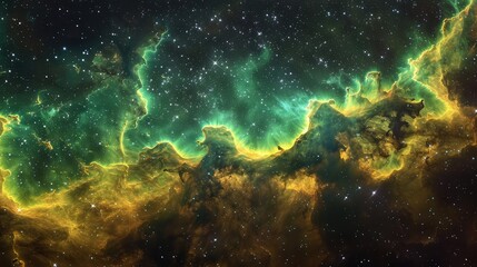 Wall Mural - A spectacular space galaxy scene showcasing glowing nebula clouds in radiant greens and yellows, with a starry night sky beyond.