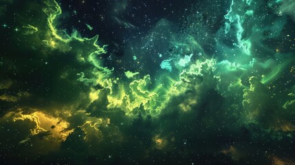 Wall Mural - A spectacular space galaxy scene showcasing glowing nebula clouds in radiant greens and yellows, with a starry night sky beyond.