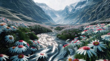 Wall Mural - A mountainous landscape filled with 3D-rendered alpine flowers. The ground textures flow like streams of water, reflecting light and adding depth to the mountainsides. 