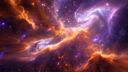 Wall Mural - A stunning space galaxy scene featuring swirling nebula clouds in radiant purples and oranges, with millions of stars sparkling in the background.