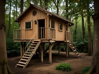 Wall Mural - Rustic treehouse with wooden railings and a rope ladder, generative AI