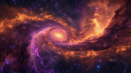 Wall Mural - A stunning space galaxy scene featuring swirling nebula clouds in radiant purples and oranges, with millions of stars sparkling in the background.