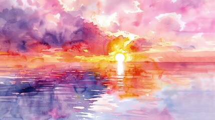 Wall Mural - A stunning watercolor sunset painting illustration featuring a vibrant blend of pink, orange, and purple hues reflecting off the calm ocean.