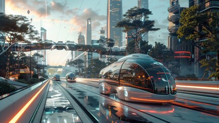 Wall Mural - Innovative Urban Mobility: Futuristic Air Pocket Transportation System with Zero-Emission Vehicles and Smart Grids, Immersive Design
