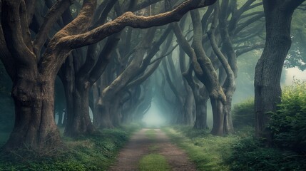 Wall Mural - A mysterious foggy forest path lined with ancient trees, creating an enchanting atmosphere.