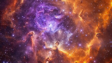 Wall Mural - A stunning space galaxy scene featuring swirling nebula clouds in radiant purples and oranges, with millions of stars sparkling in the background.