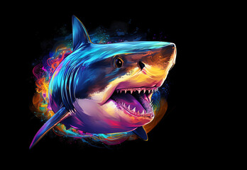 Wall Mural - Shark with sharp teeth on black background. Undersea animals. Illustration, Generative AI.