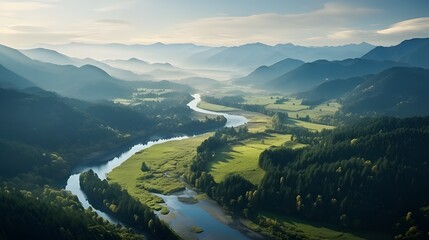 Wall Mural - Beautiful landscape aerial view of green mountains and lake in the morning with sunrise sky. Water and forest sustainability concept.
