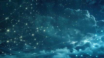 Wall Mural - a night sky scene where instead of stars, there are points of light representing data nodes, connect