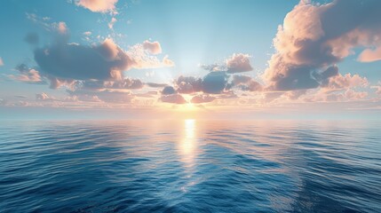 Wall Mural - A tranquil seascape at twilight, where the ocean reflects the fading sunlight as subtle clouds drift lazily above the horizon.