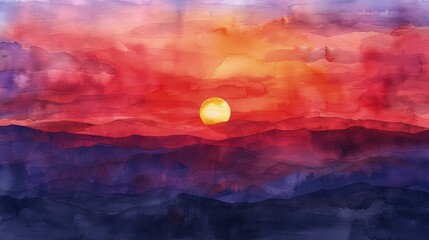 Wall Mural - A tranquil watercolor sunset painting illustration blending crimson reds and amber oranges into twilight purples over a mountain range.