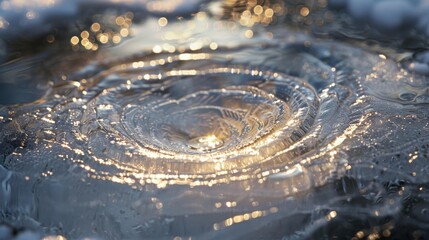 Wall Mural - A closeup of a large ice disk its surface resembling cracked glass beautifully reflecting the sunlight.
