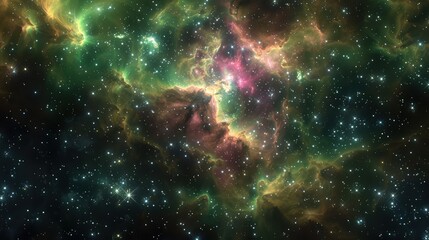 Wall Mural - A vivid view of swirling nebula clouds in radiant greens, pinks, and yellows, surrounded by shimmering stars in a distant space galaxy.