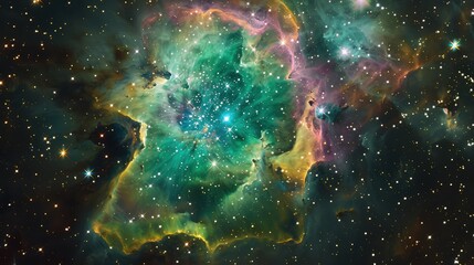 Wall Mural - A vivid view of swirling nebula clouds in radiant greens, pinks, and yellows, surrounded by shimmering stars in a distant space galaxy.