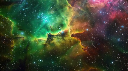 Wall Mural - A vivid view of swirling nebula clouds in radiant greens, pinks, and yellows, surrounded by shimmering stars in a distant space galaxy.