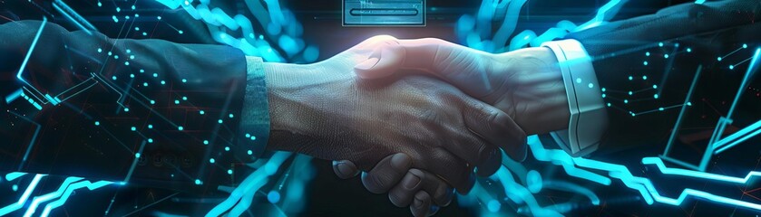 A futuristic handshake between a business veteran and a newcomer, with a holographic contract floating above, Scifi, Neon blue, Digital art, Hightech details