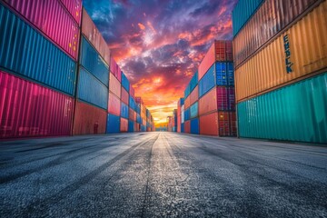 two rows of stacked shipping containers with colorful walls, The scene is set against a background of clear sky with clouds.