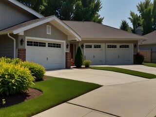 Suburban home with a two-car garage and a tidy front lawn, generative AI