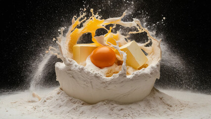 Wall Mural - Raw egg and butter falling into a hep of flour on black background. Dynamic photo with texture. Holiday baking pastry making concept