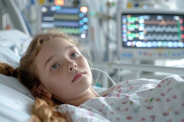 girl 5 years lies in a coma in a hospital ward, connected to life support equipment, monitors, Generative AI 