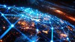 © Nisit - A communication technology background for internet business with a global network and telecommunication lines overlaid on a world map, with space for text