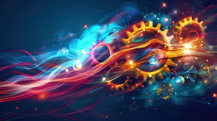 Wall Mural - An abstract idea illustration with a gear mechanism and colorful light beams, representing the spark of invention and creativity.