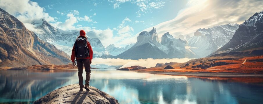 The image shows a person standing on a rock in front of a lake, with a beautiful mountain landscape in the background