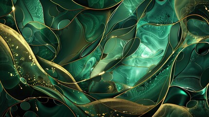 Wall Mural - An artistic abstract shapes and forms background showcasing intricate organic shapes and patterns in shades of emerald green and gold.