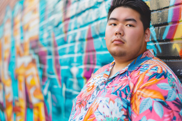 Plus-size Asian man in graphic t-shirt and floral shirt standing by graffiti wall