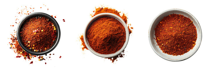 set of top view of a bowl of chili powder isolated on a transparent or white background