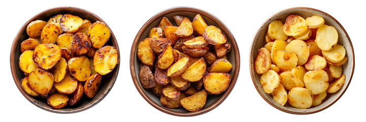 Wall Mural - Set of top view of a bowl of fried sliced potatoes  isolated on a transparent or white background