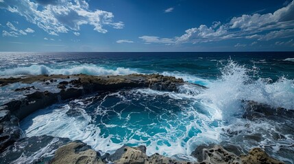 Wall Mural - the striking contrast of a serene blue hole against the rough and choppy ocean waves.