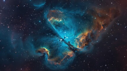 Wall Mural - An enchanting nebula cloud glowing in ethereal blues and oranges, surrounded by a star-studded night sky in the vast galaxy.