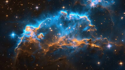 Wall Mural - An enchanting nebula cloud glowing in ethereal blues and oranges, surrounded by a star-studded night sky in the vast galaxy.