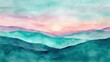 © muhammad - An enchanting watercolor sunset painting with soft lavender and rose pink blending into rich teal and deep blue over rolling hills.
