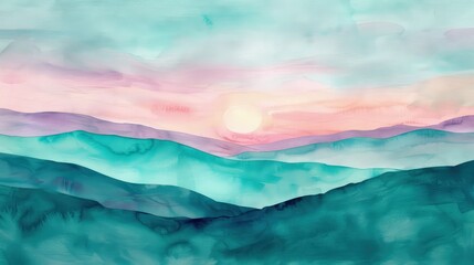 Wall Mural - An enchanting watercolor sunset painting with soft lavender and rose pink blending into rich teal and deep blue over rolling hills.