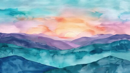 An enchanting watercolor sunset painting with soft lavender and rose pink blending into rich teal and deep blue over rolling hills.