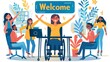 © Koko Art Studio - Diverse business people, disabled woman in wheelchair being hired, success and winning of DEI. Teamwork colleagues with handicapped worker friend, vector illustration, modern office at background.