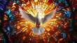 © Koko Art Studio - White dove flying. Christian holy spirit bird, catholic church's cross and sunset stained glass window background, fantasy symbol of peace love, 3d modern digital art. Religion spiritual soul design.