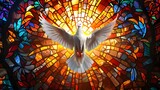 Holy spirit dove flying illustration, church's colored stained glass window background, white pigeon fantasy symbol of peace love, 3d modern digital artwork. Christmas religious spiritual soul concept