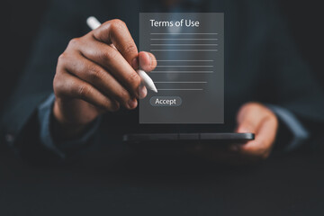 Businessman Sign Terms of use concept, reading terms and conditions of website or service before clicking button agree. Terms and conditions of contract