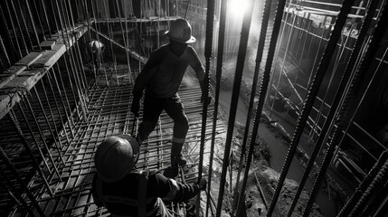 Wall Mural - Despite the late hour the energy of the workers is palpable their determination to complete the pour and continue construction evident in their quick movements and focused expressions.