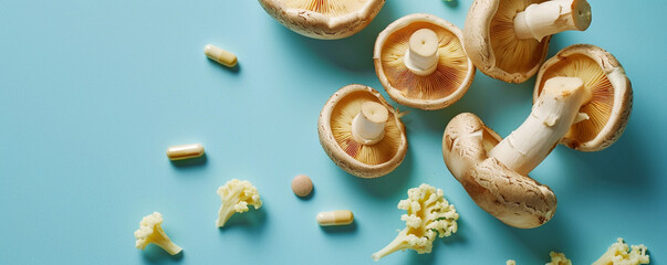 Wall Mural - An overhead view of mushroom supplements