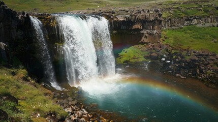 Canvas Print - A pristine waterfall in a remote location with a stunning rainbow appearing as if by magic.