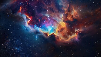Wall Mural - An ethereal space galaxy scene showcasing a colorful nebula cloud illuminated by twinkling stars against a deep, starry night.