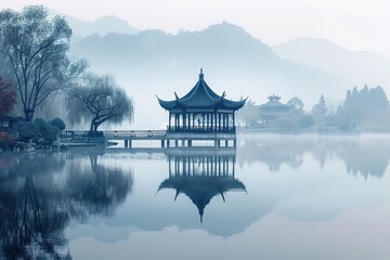 Wall Mural - The pavilion in the center of the lake and the mountains in the distance