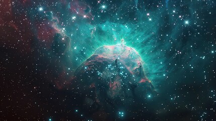 Wall Mural - An ethereal view of a cosmic nebula cloud glowing in brilliant teal and pink hues, surrounded by a starry night sky filled with distant galaxies.