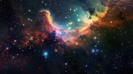 Wall Mural - An ethereal space galaxy scene showcasing a colorful nebula cloud illuminated by twinkling stars against a deep, starry night.